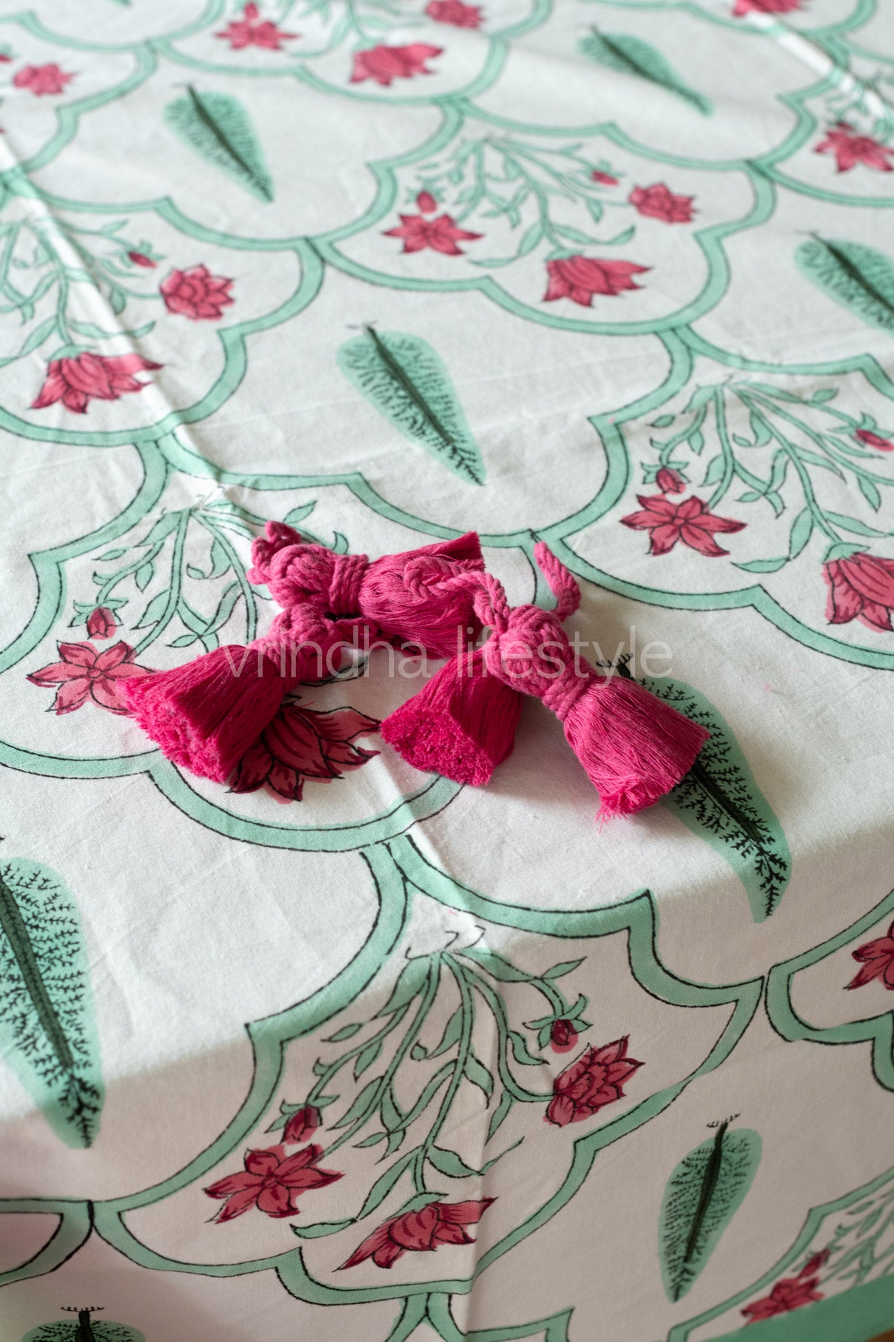 Hand block printed table cloth 6 /8seater with (detachable) tassels