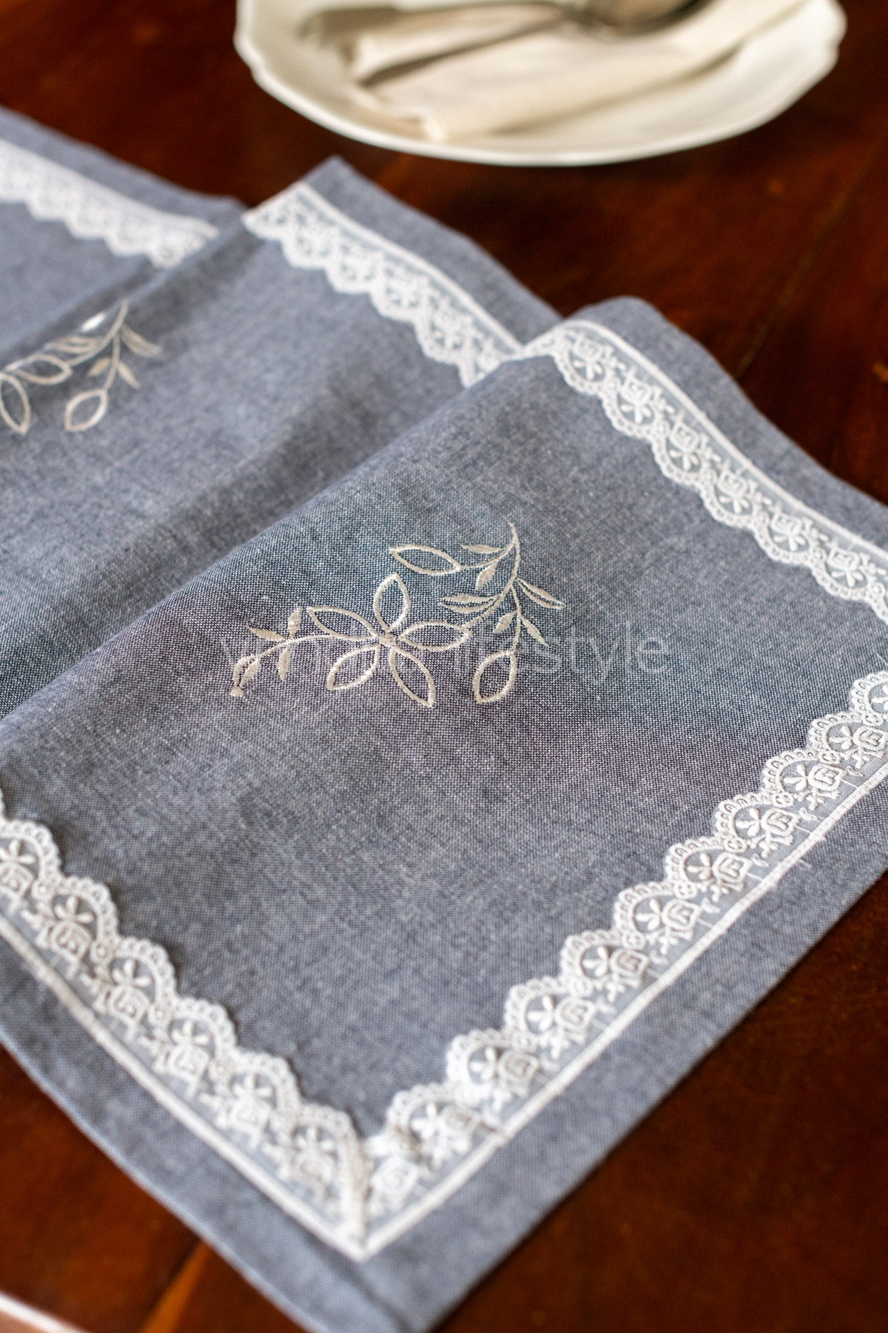 cotton table runner with embroidery and lace detailing -4 seater -13x60inches