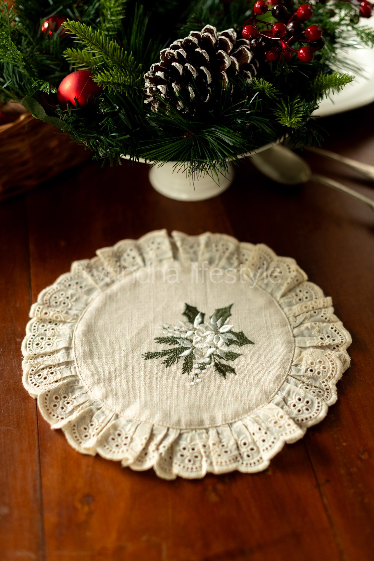 Round embroidered table mat with lace detailing ,10 inches-Single unit