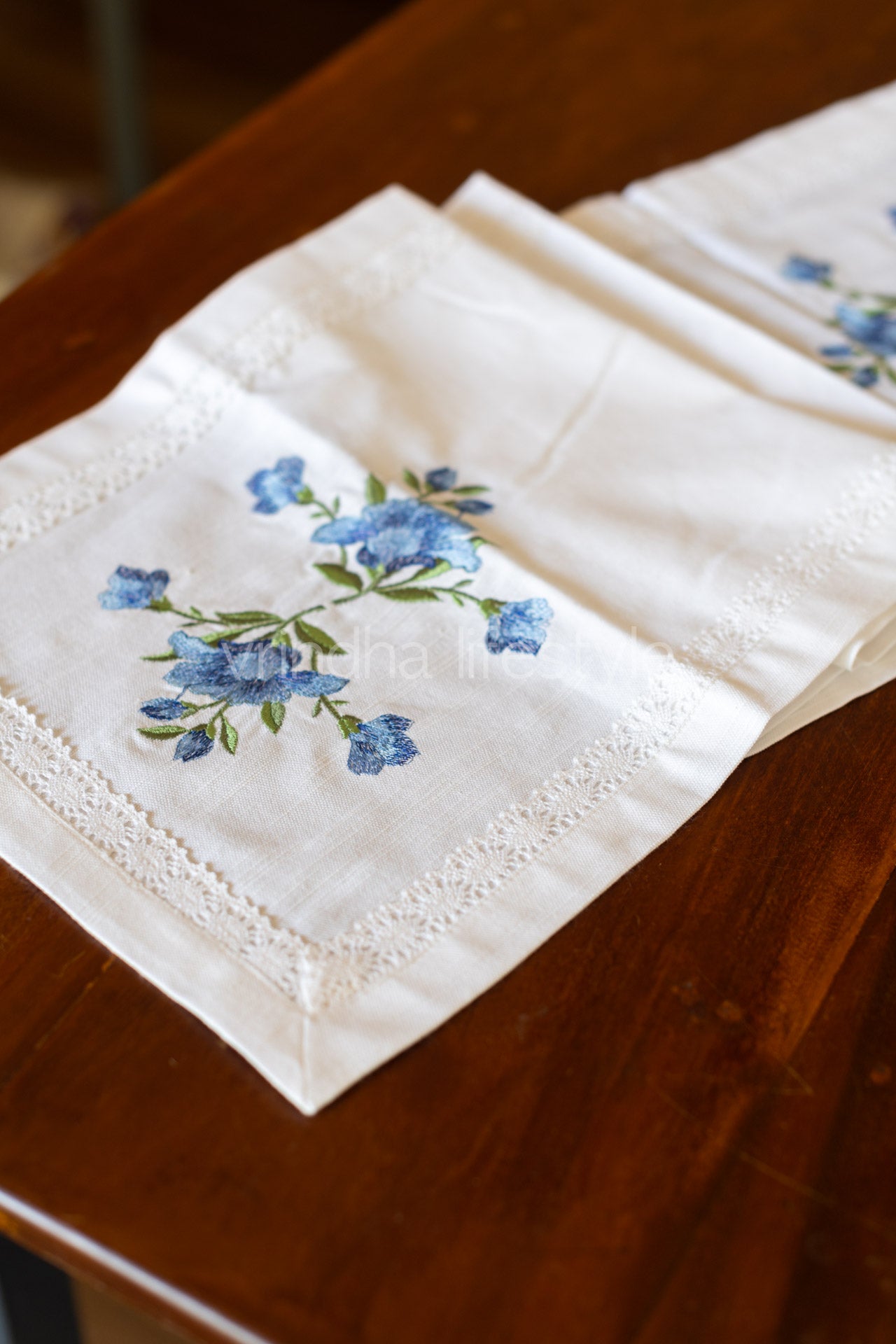 Cotton table runner with floral embroidery and lace detailing -4 seater -12.5x50 inches
