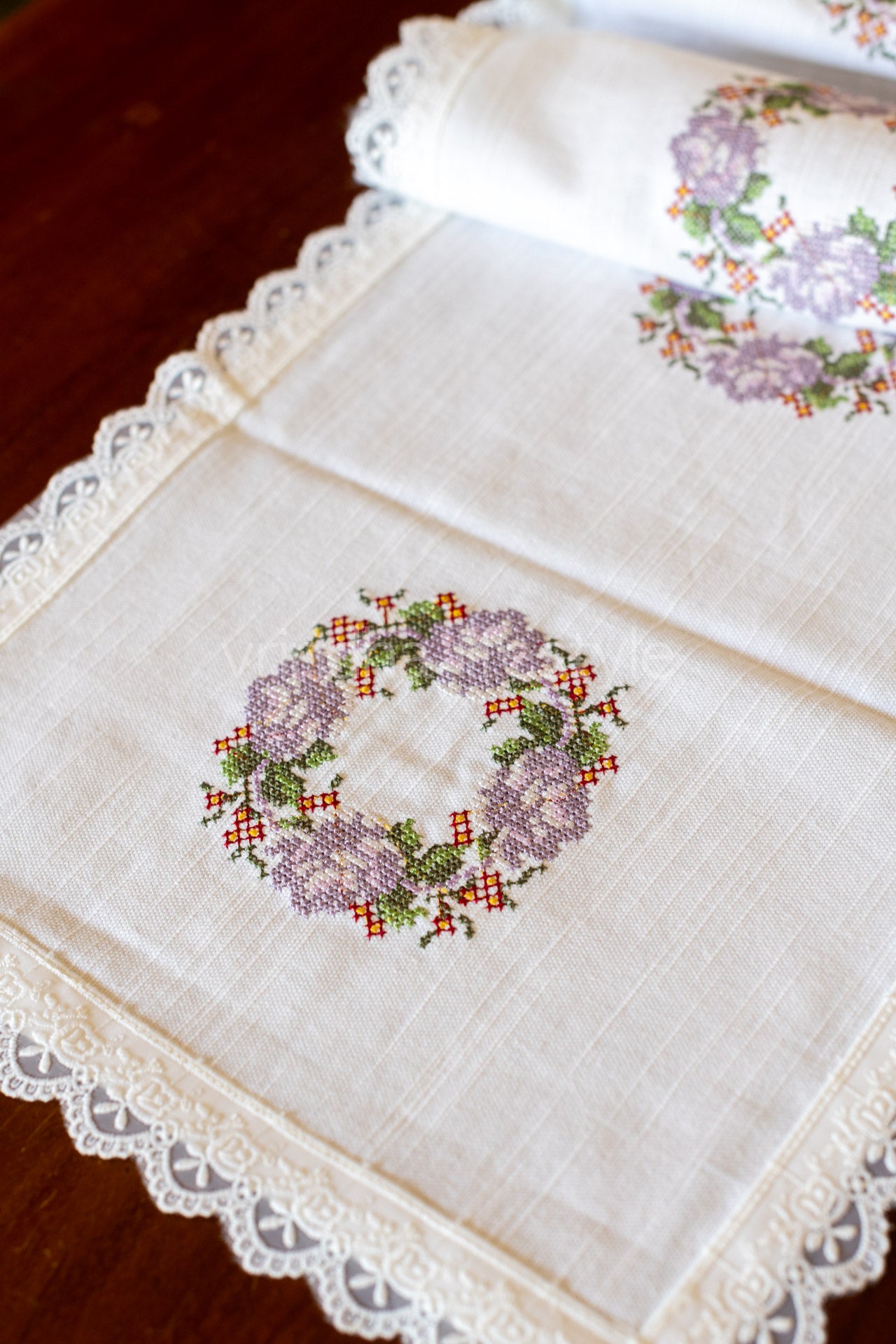 Cotton table runner with cross stitch embroidery and lace detailing -4 seater -12x48 inches