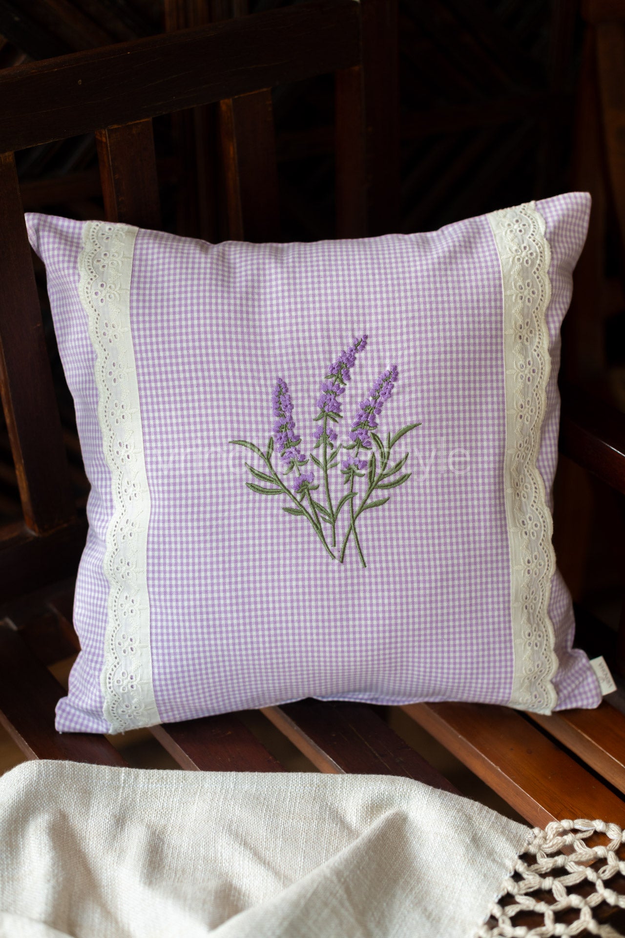 Gingham cushion cover with embroidery and lace detailing-Single unit- 16x16 inches-customisable