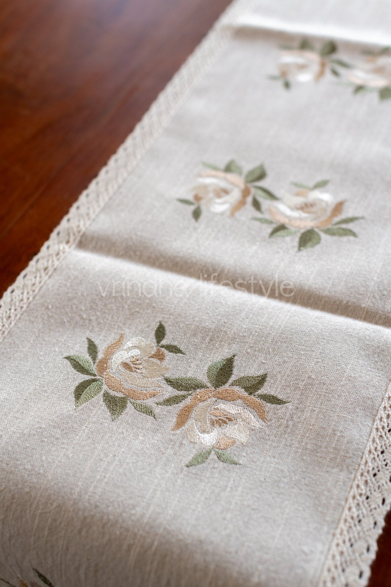 Cotton table runner with floral embroidery and lace detailing -customisable