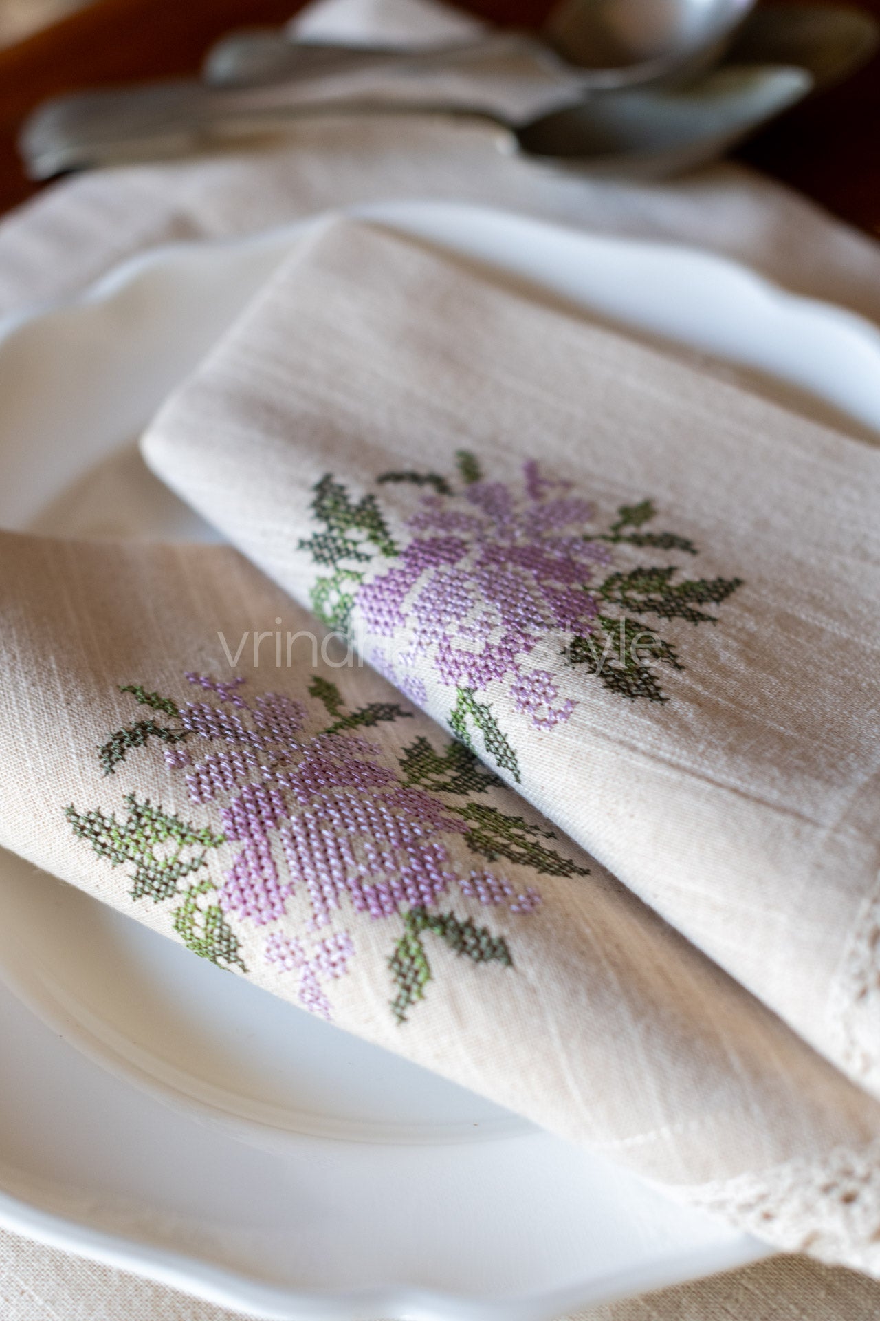 COTTON TABLE NAPKINS with cross stitch embroidery and lace detailing -Set of 2