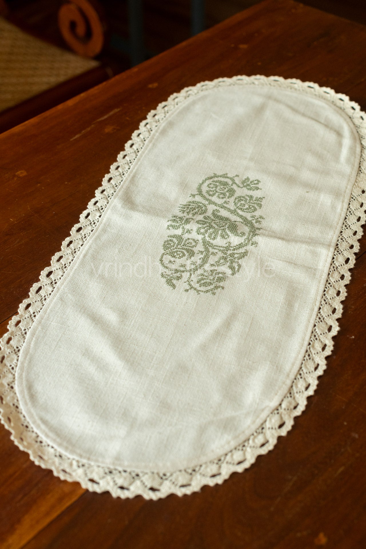 Cotton coffee table runner with embroidery and lace detailing - 10x25 inches