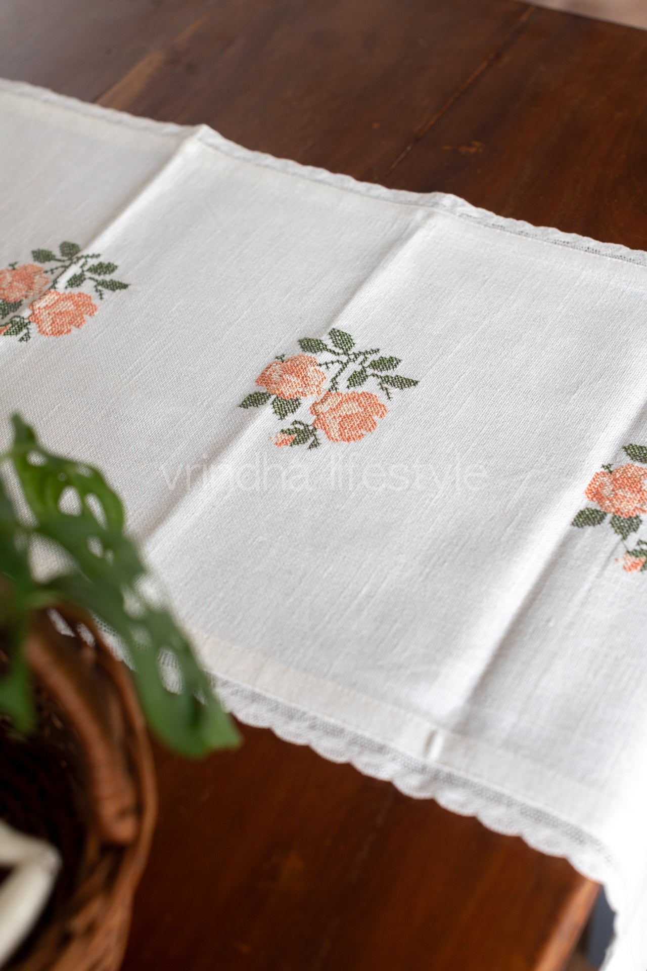 Cotton table runner with cross stitch embroidery and lace detailing -4 seater -14x48 inches