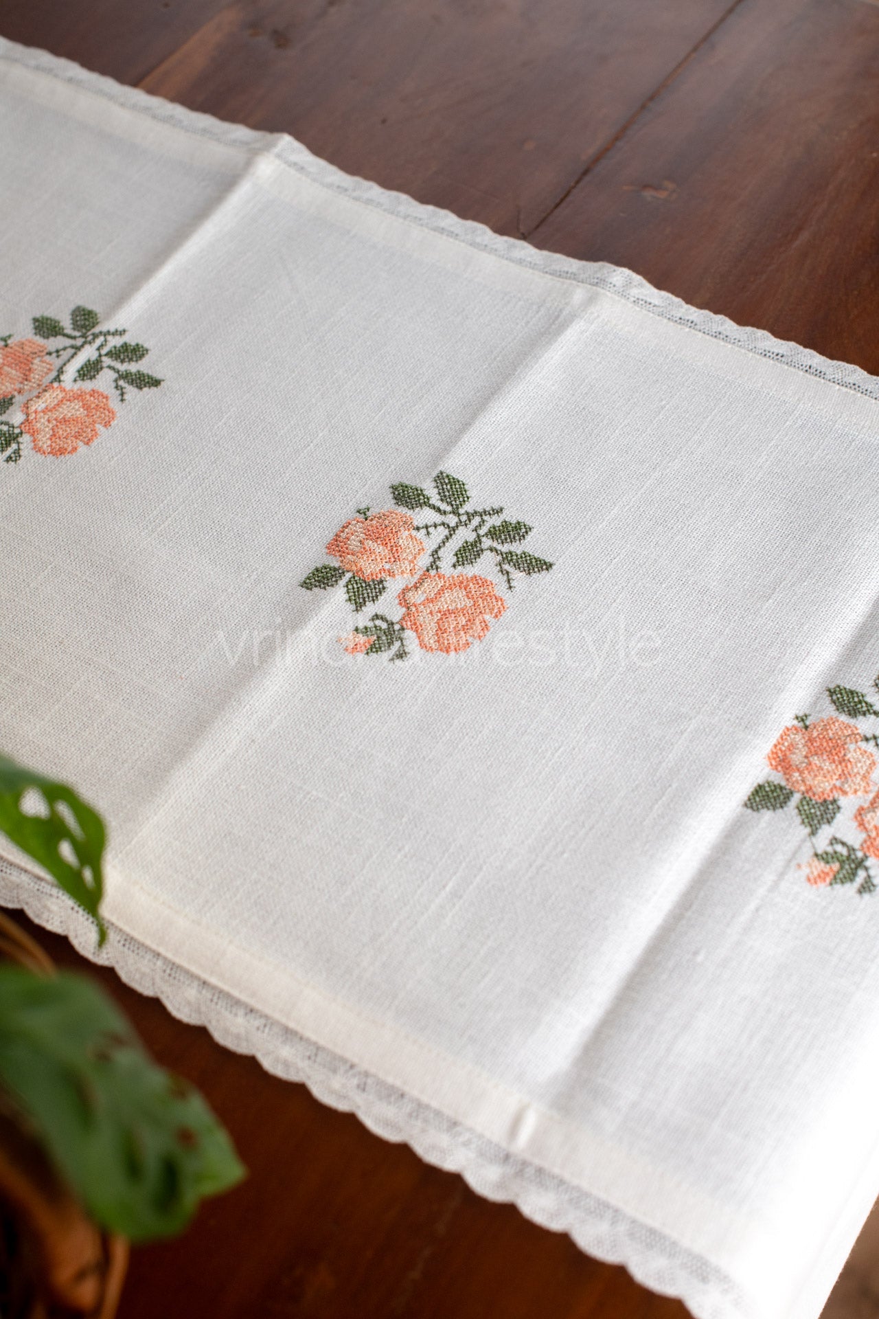Cotton table runner with cross stitch embroidery and lace detailing -4 seater -14x48 inches