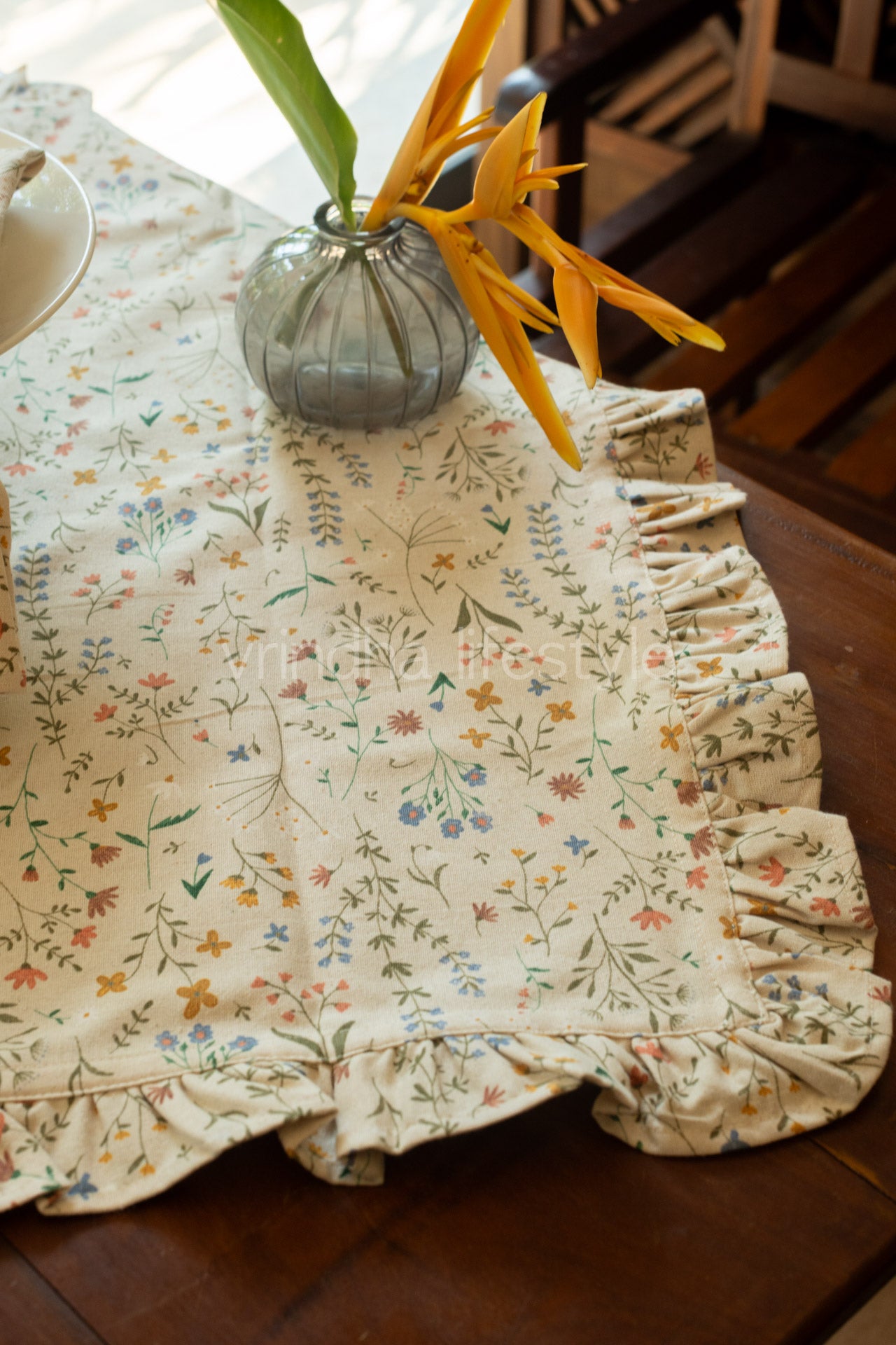 Cotton printed table cover with frill detailing-coffee table