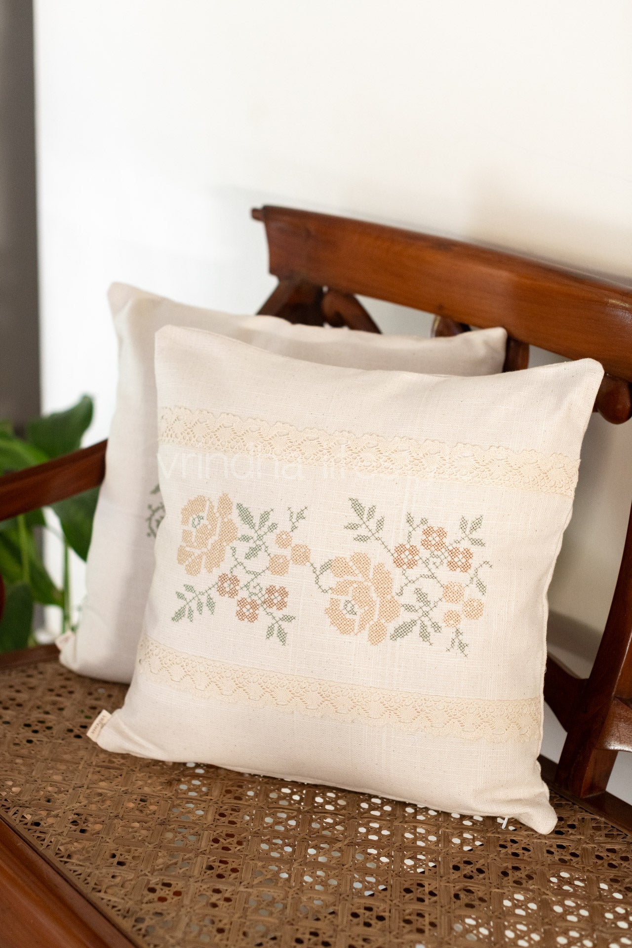 Cotton cushion cover with embroidery and lace detailing -Single unit- 16x16 inches( Customisable)