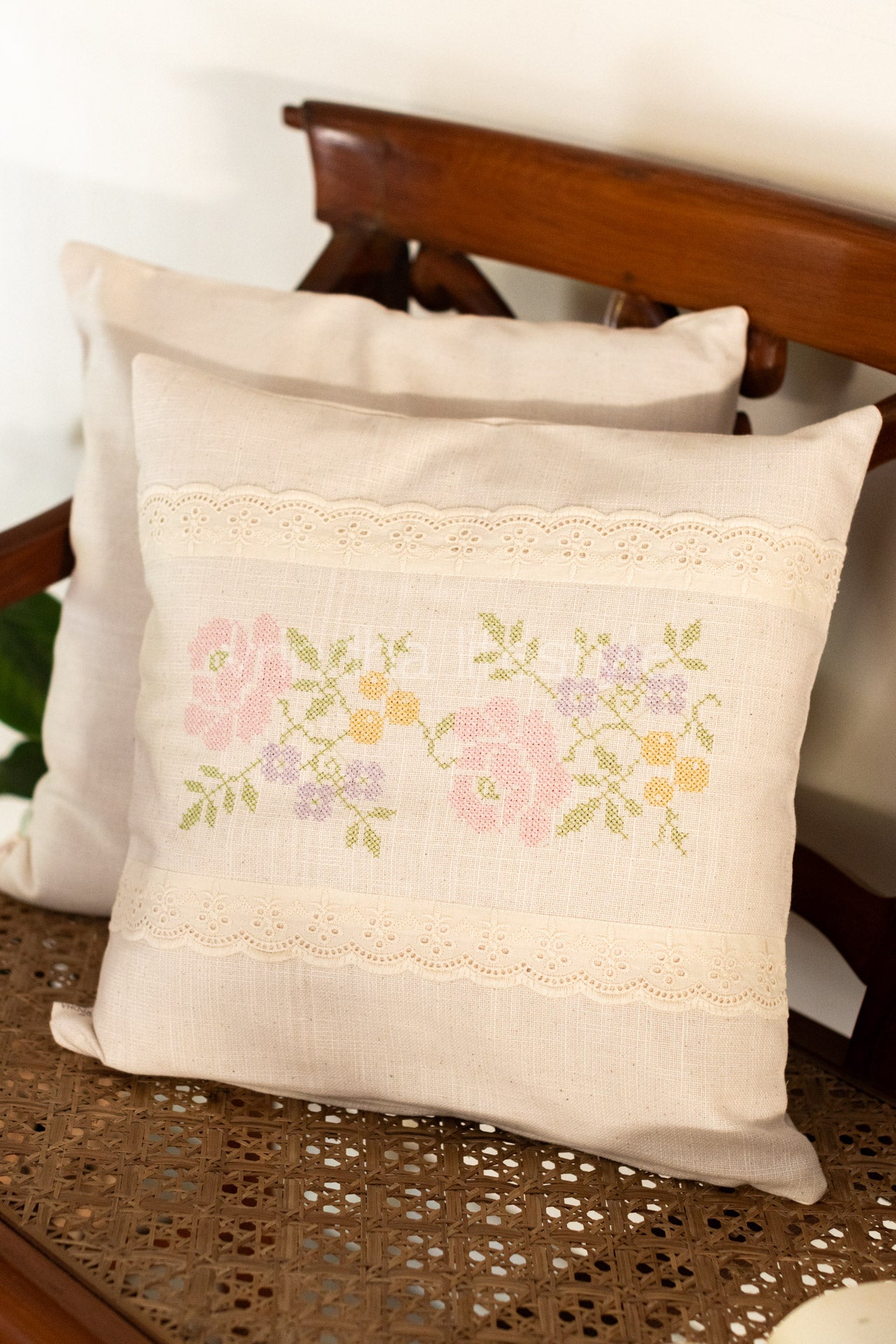 Cotton cushion cover with embroidery and lace detailing -Single unit- 16x16 inches( Customisable)