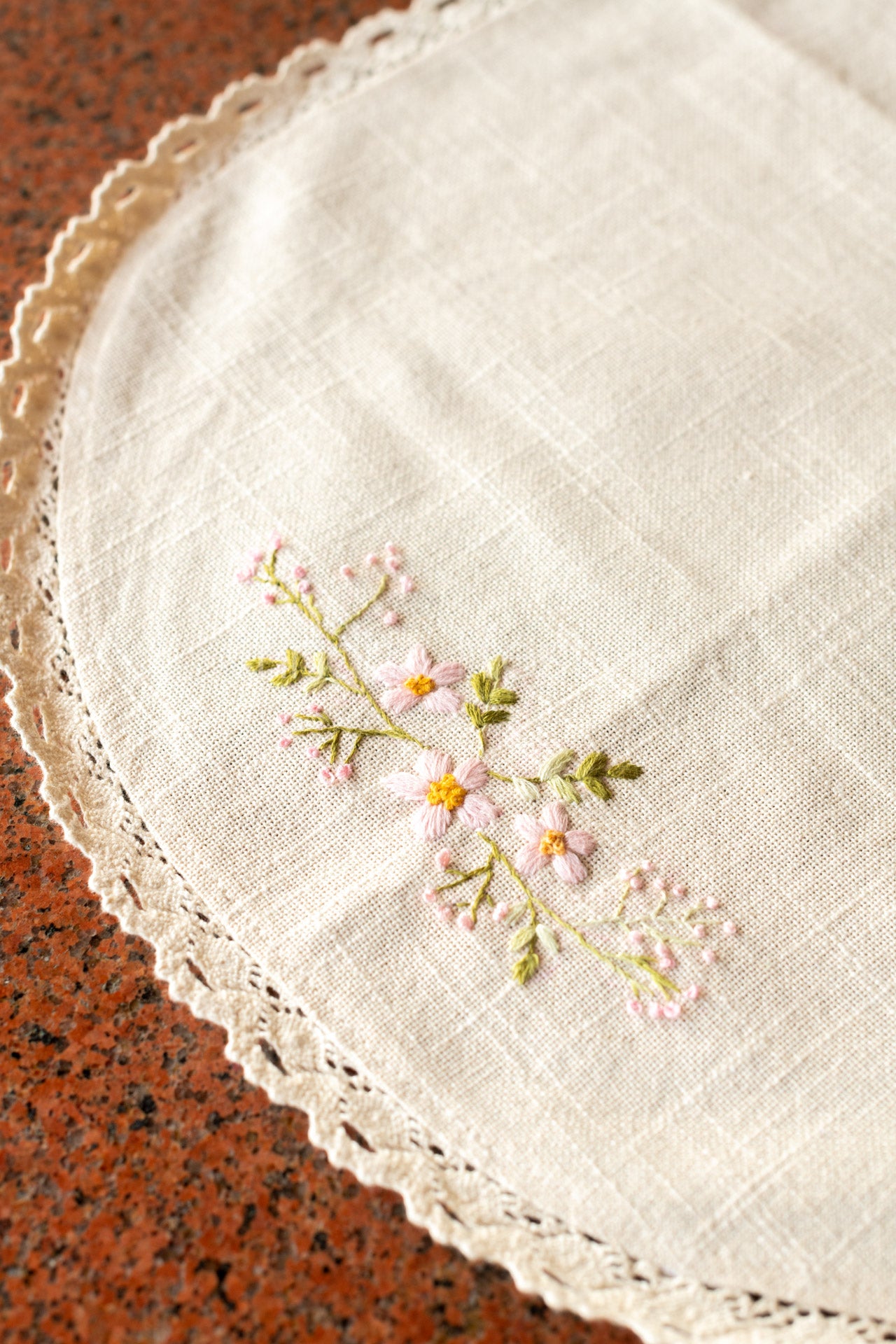 Cotton coffee table runner with hand embroidery and lace detailing - 14x24 inches