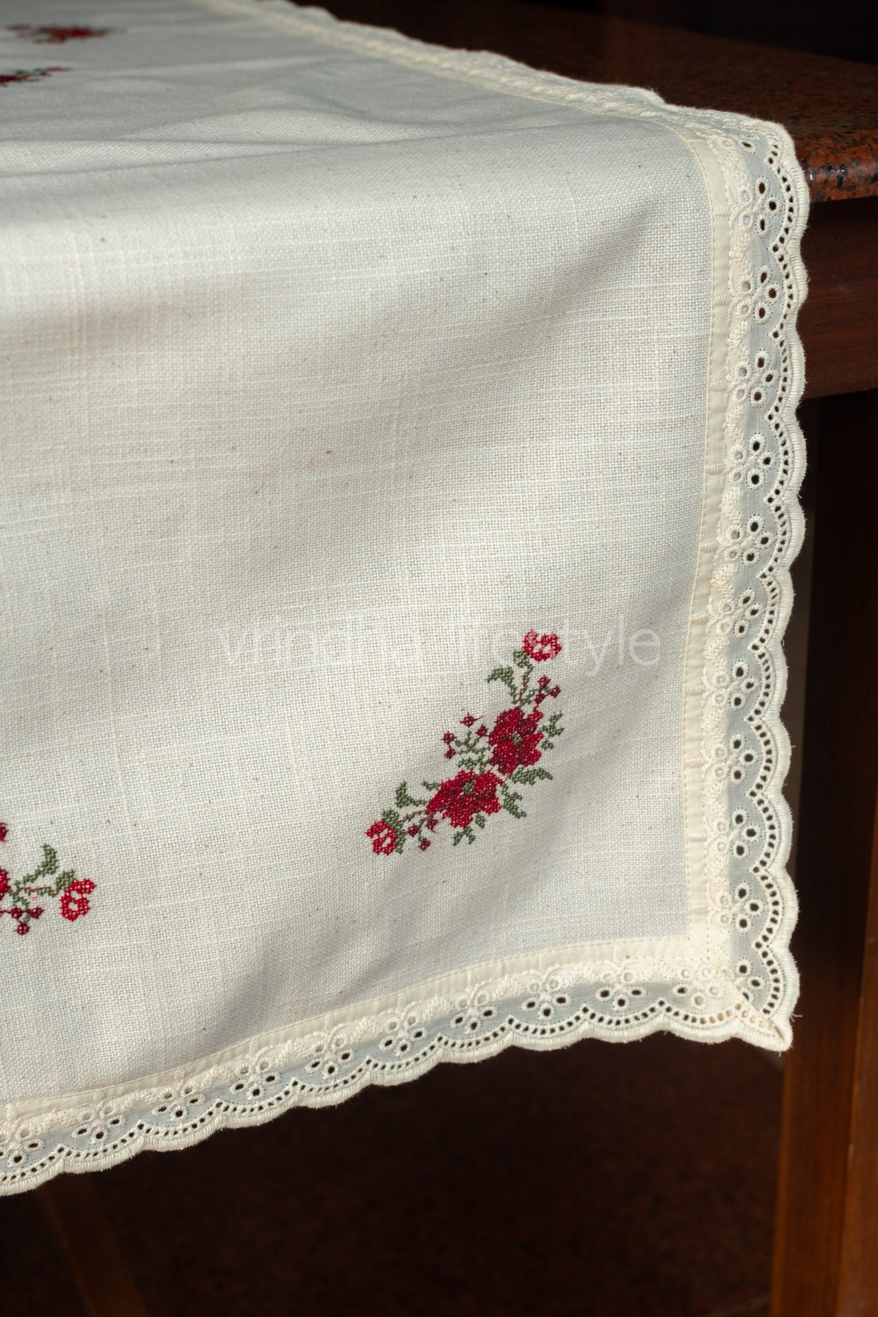 Cotton runner with cross stitch embroidery and lace detailing - 15x42 inches