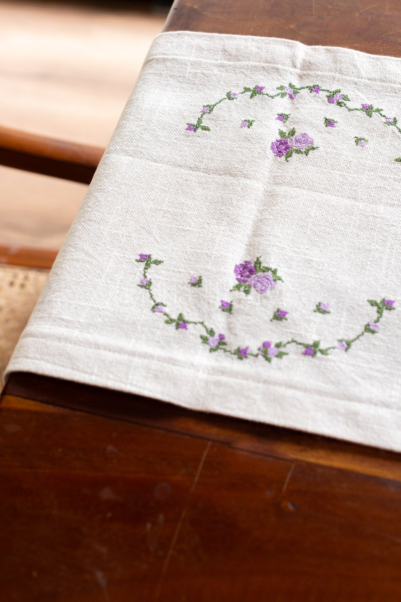 Cotton table runner with floral cross stitch embroidery -11x44 inches