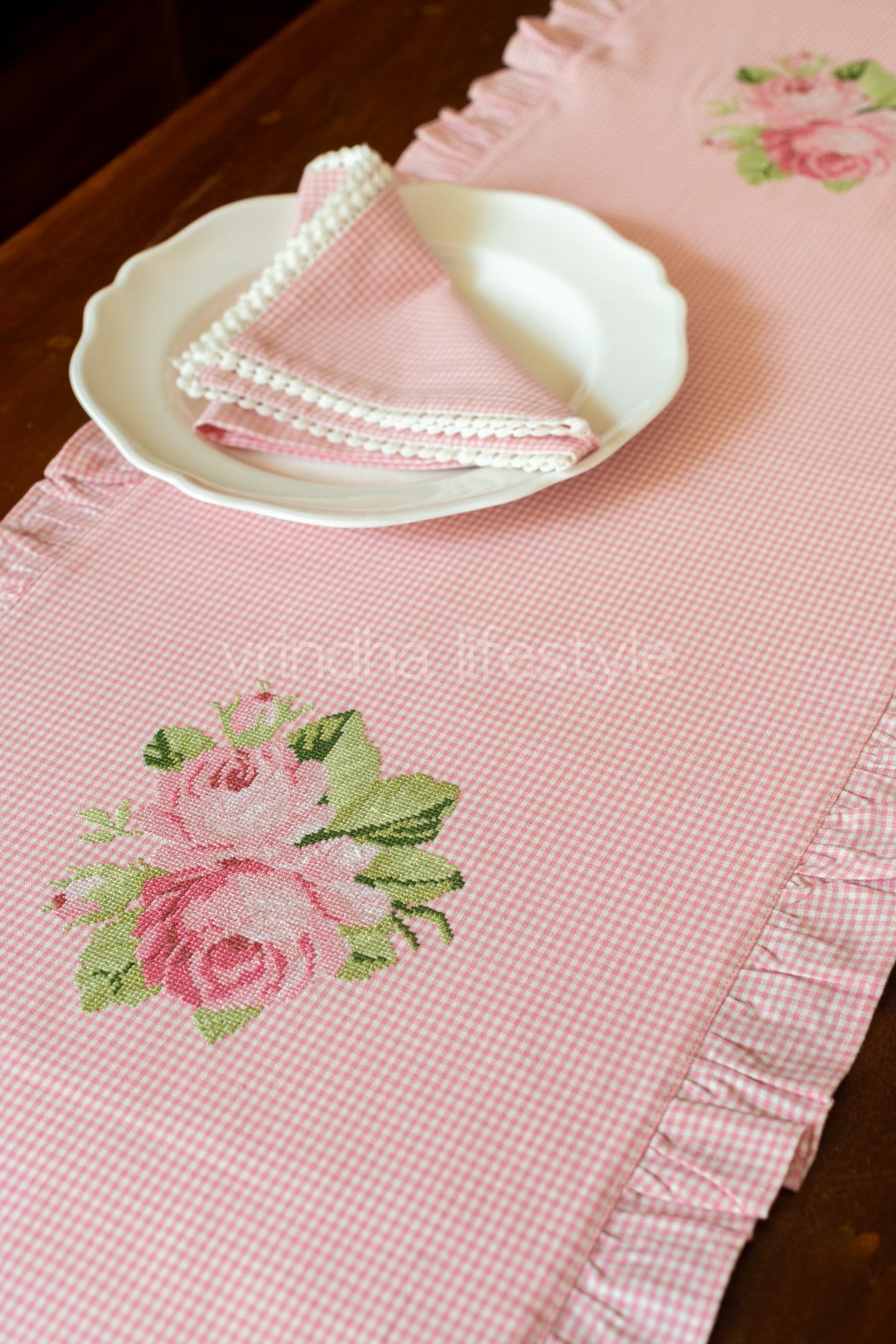 Woven table runner with cross stitch embroidery and frill -16x110 inches-8 seater-customisable