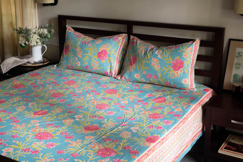 GULMOHAR BLOOM PRINT COTTON BEDSHEET SET-Queen size