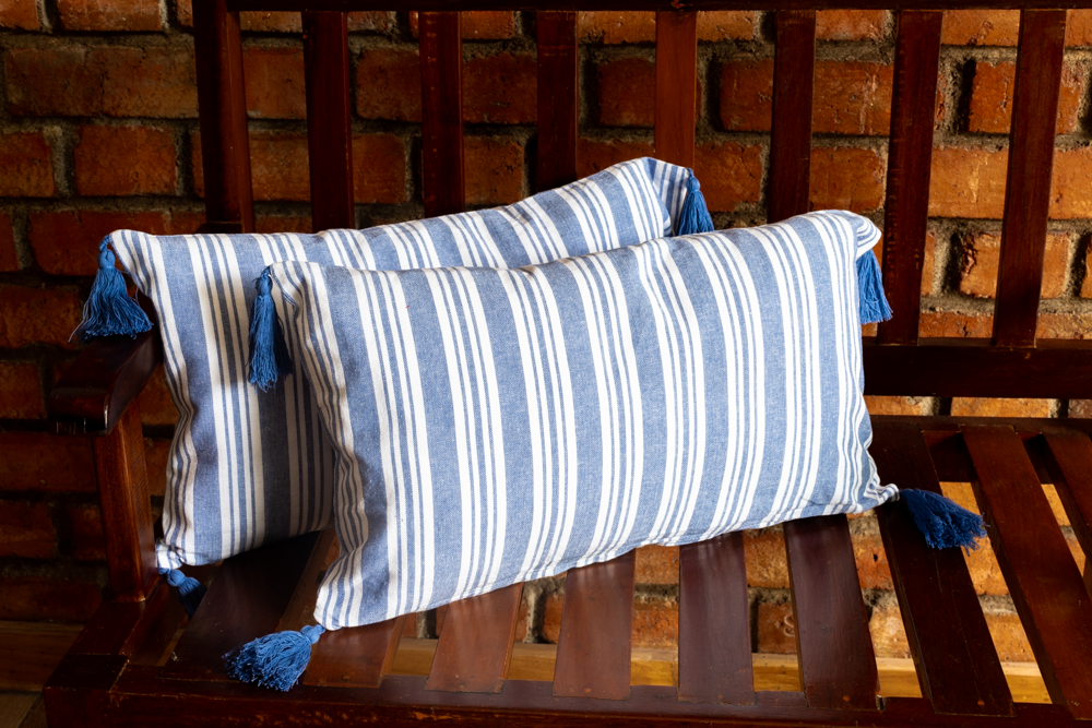 Blue and white shop striped cushion covers