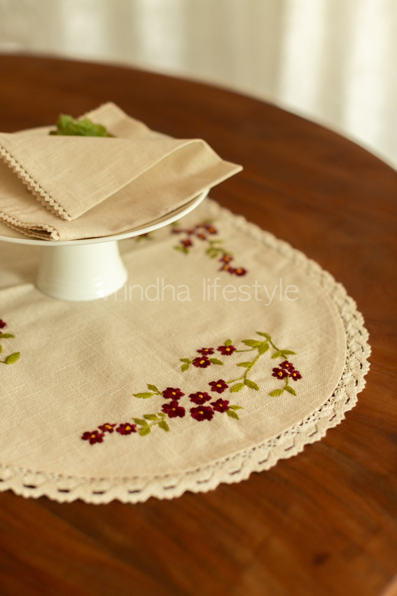 Cotton coffee table runner with hand embroidery and lace detailing - 14x24 inches