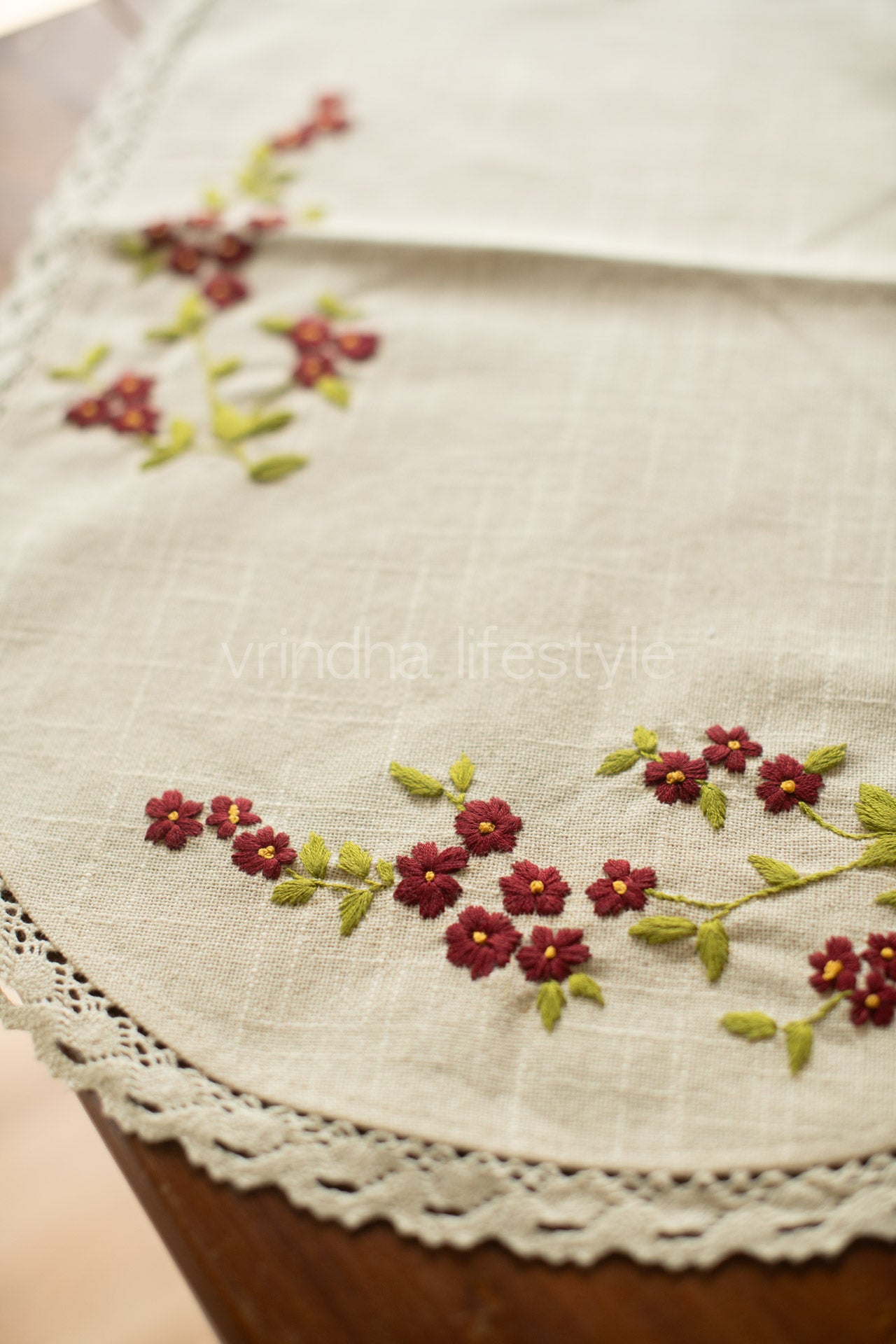 Cotton coffee table runner with hand embroidery and lace detailing - 14x24 inches
