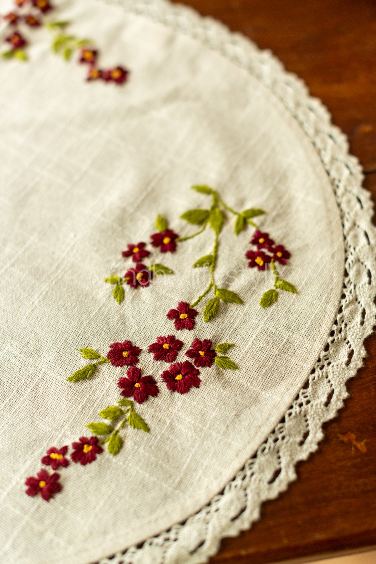 Cotton coffee table runner with hand embroidery and lace detailing - 14x24 inches