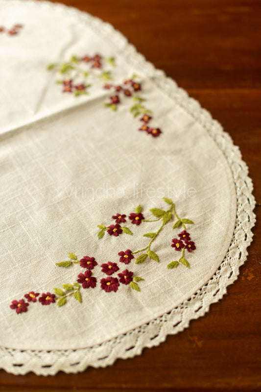 Cotton coffee table runner with hand embroidery and lace detailing - 14x24 inches