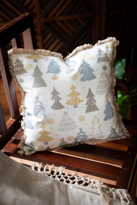 CHRISTMAS PRINTED COTTON CUSHION COVERS with fringe-single unit