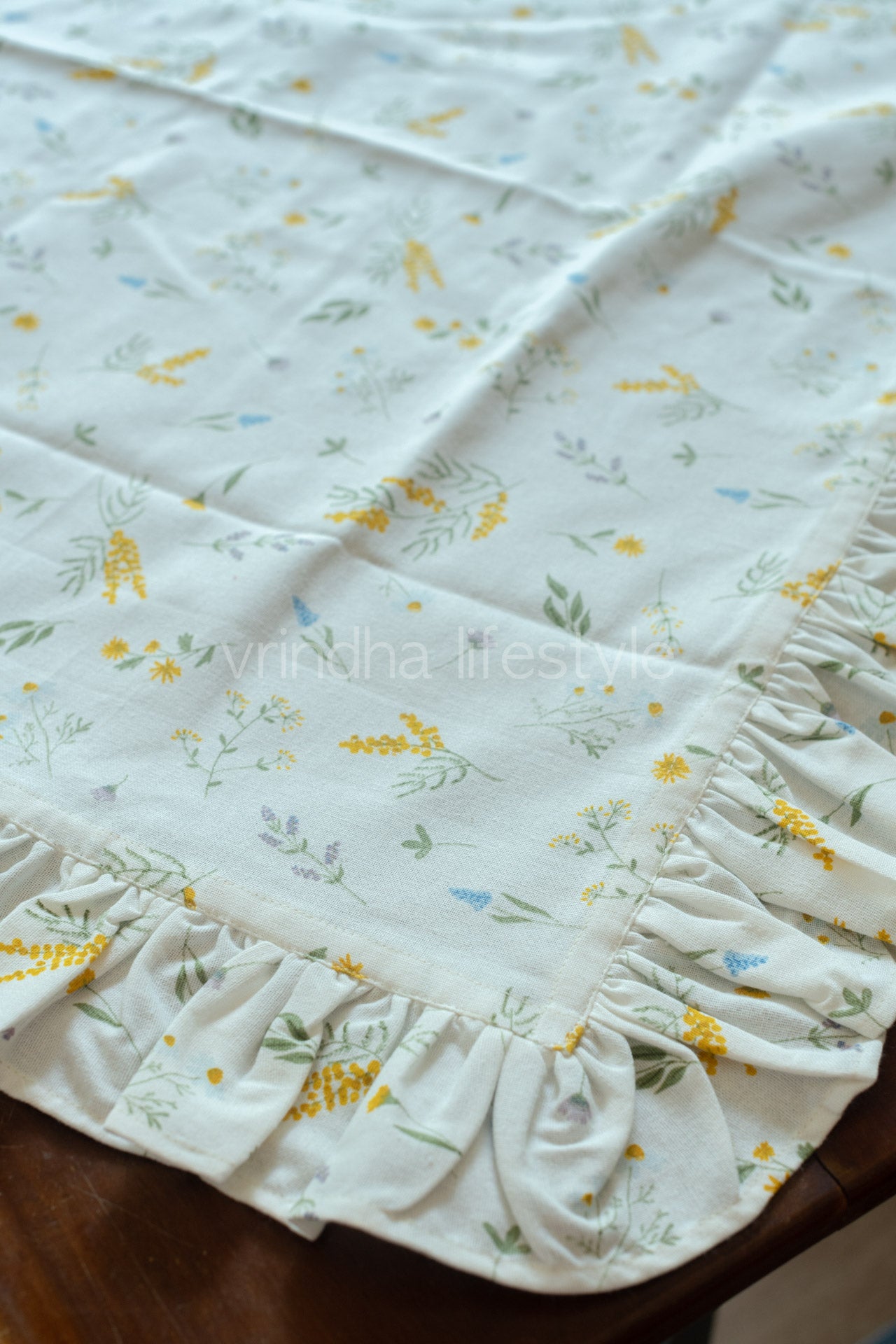 Cotton printed table cover with frill detailing-coffee table