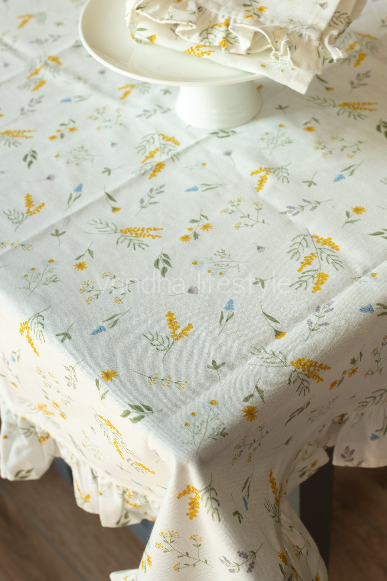 Cotton printed table cover with frill detailing-coffee table
