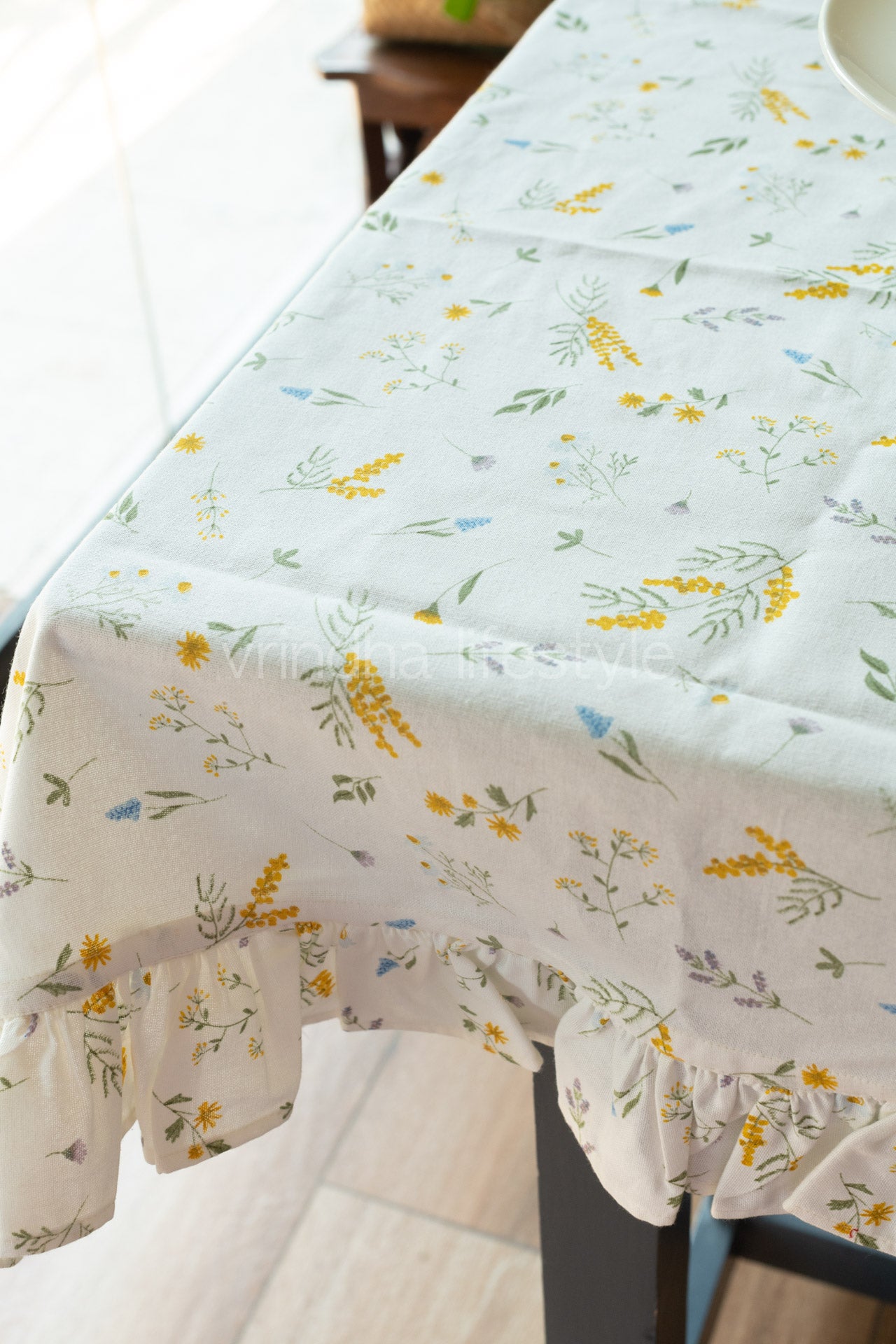 Cotton printed table cover with frill detailing-coffee table