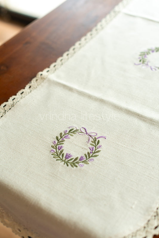 Cotton table runner with embroidery and lace detailing - 12.5x48 inches
