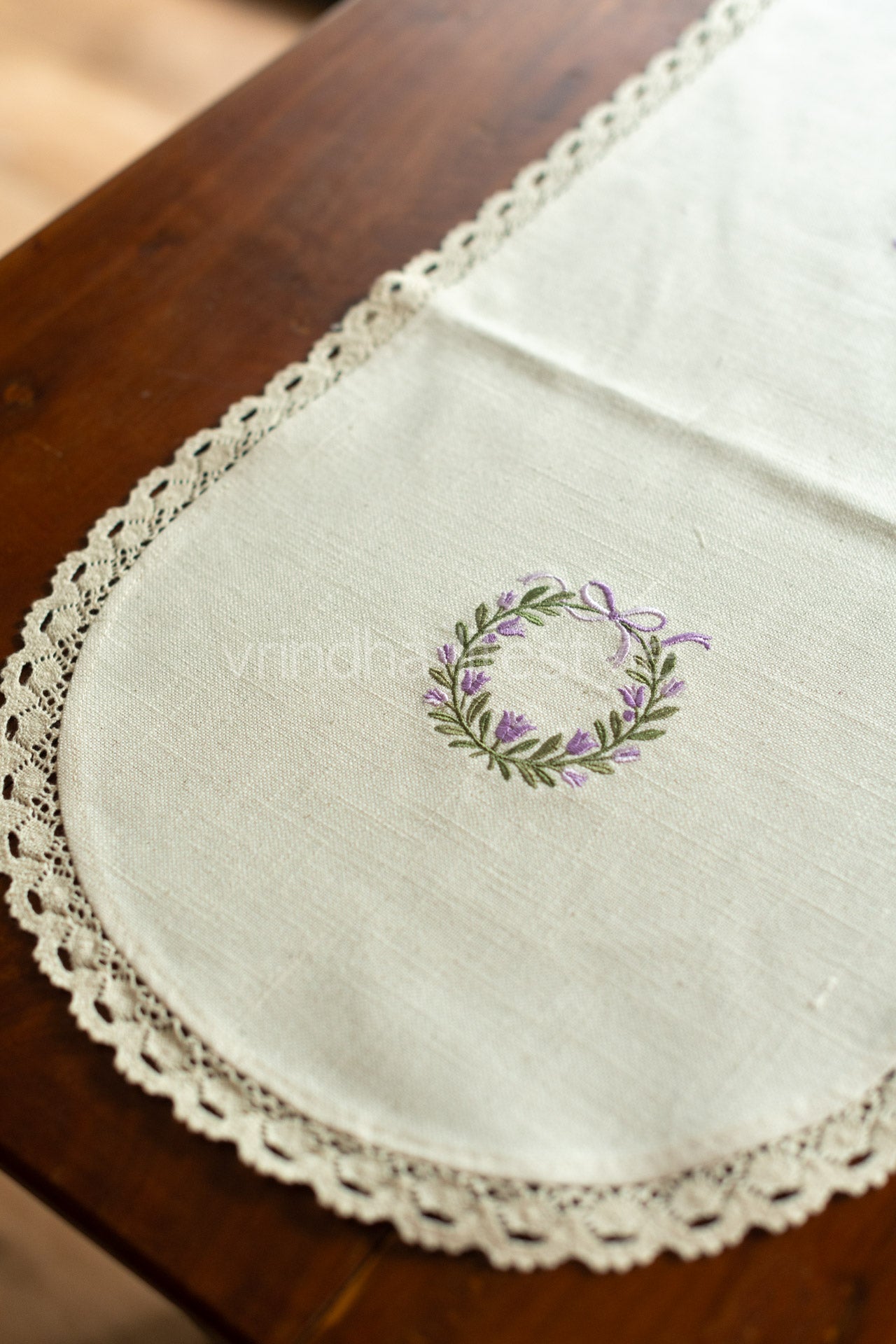 Cotton table runner with embroidery and lace detailing - 12.5x48 inches