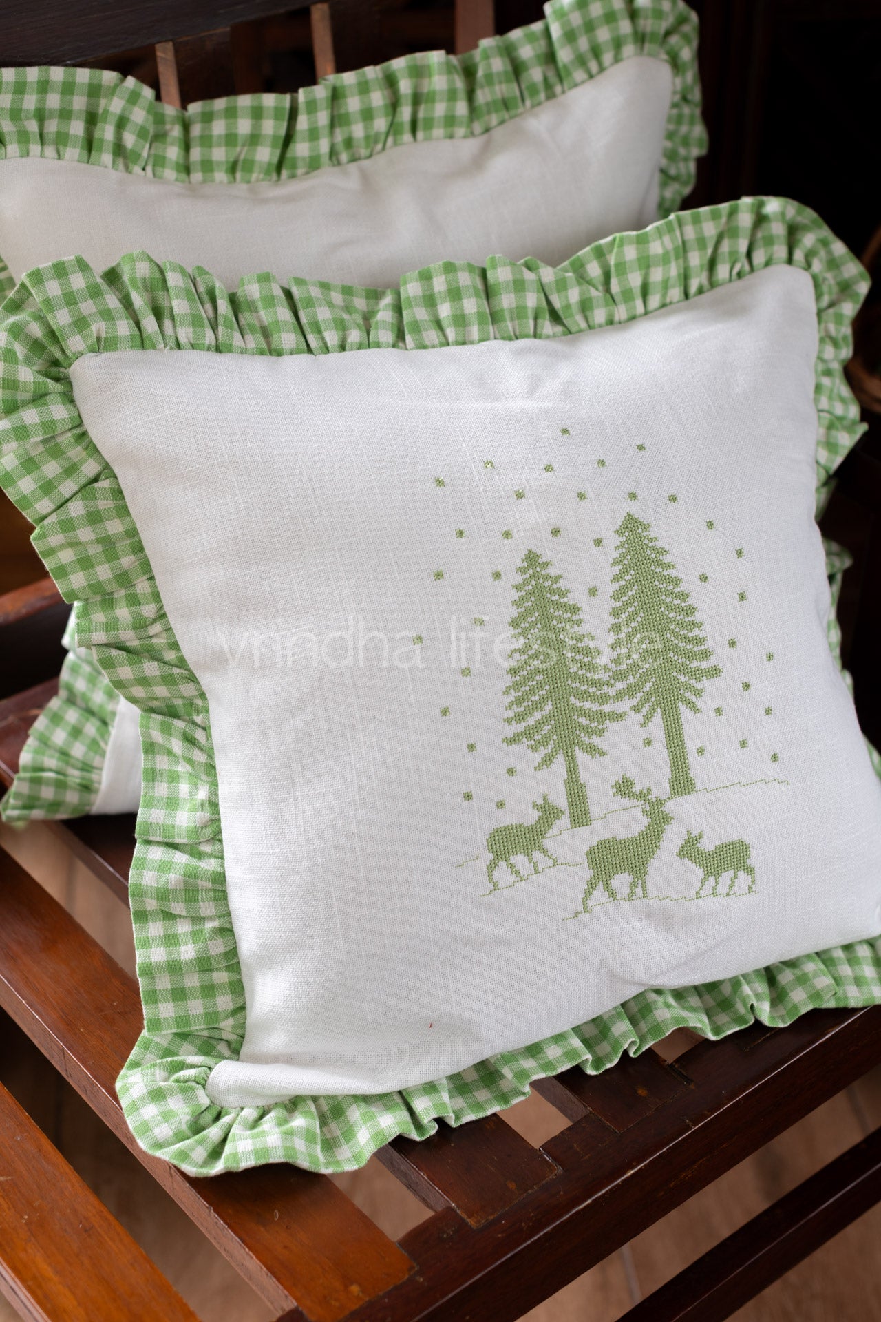 Cross stitch embroidered cotton cushion cover with frill-single unit-16x16 inches-Customisable