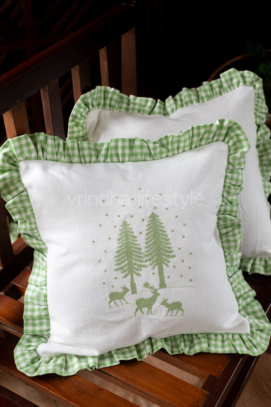 Cross stitch embroidered cotton cushion cover with frill-single unit-16x16 inches-Customisable