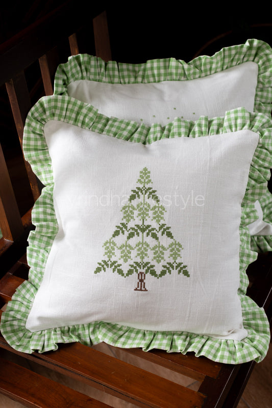 Cross stitch embroidered cotton cushion cover with frill-single unit-16x16 inches-Customisable