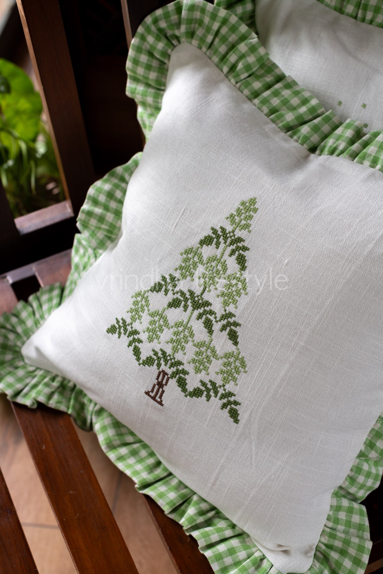 Cross stitch embroidered cotton cushion cover with frill-single unit-16x16 inches-Customisable