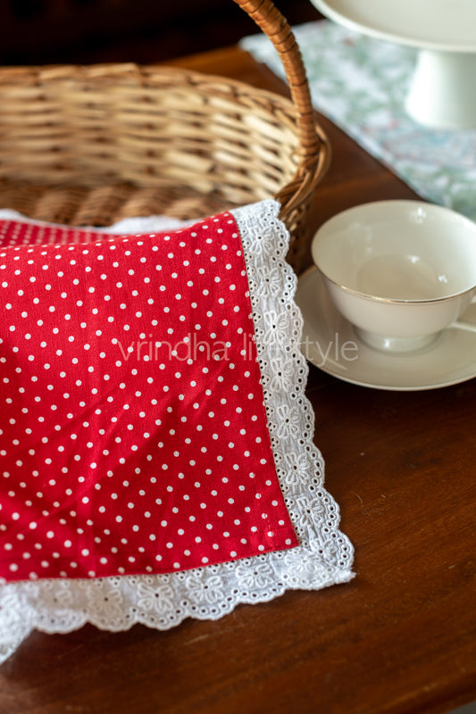 Cotton printed napkins with lace detailing -12 inches Set of 6