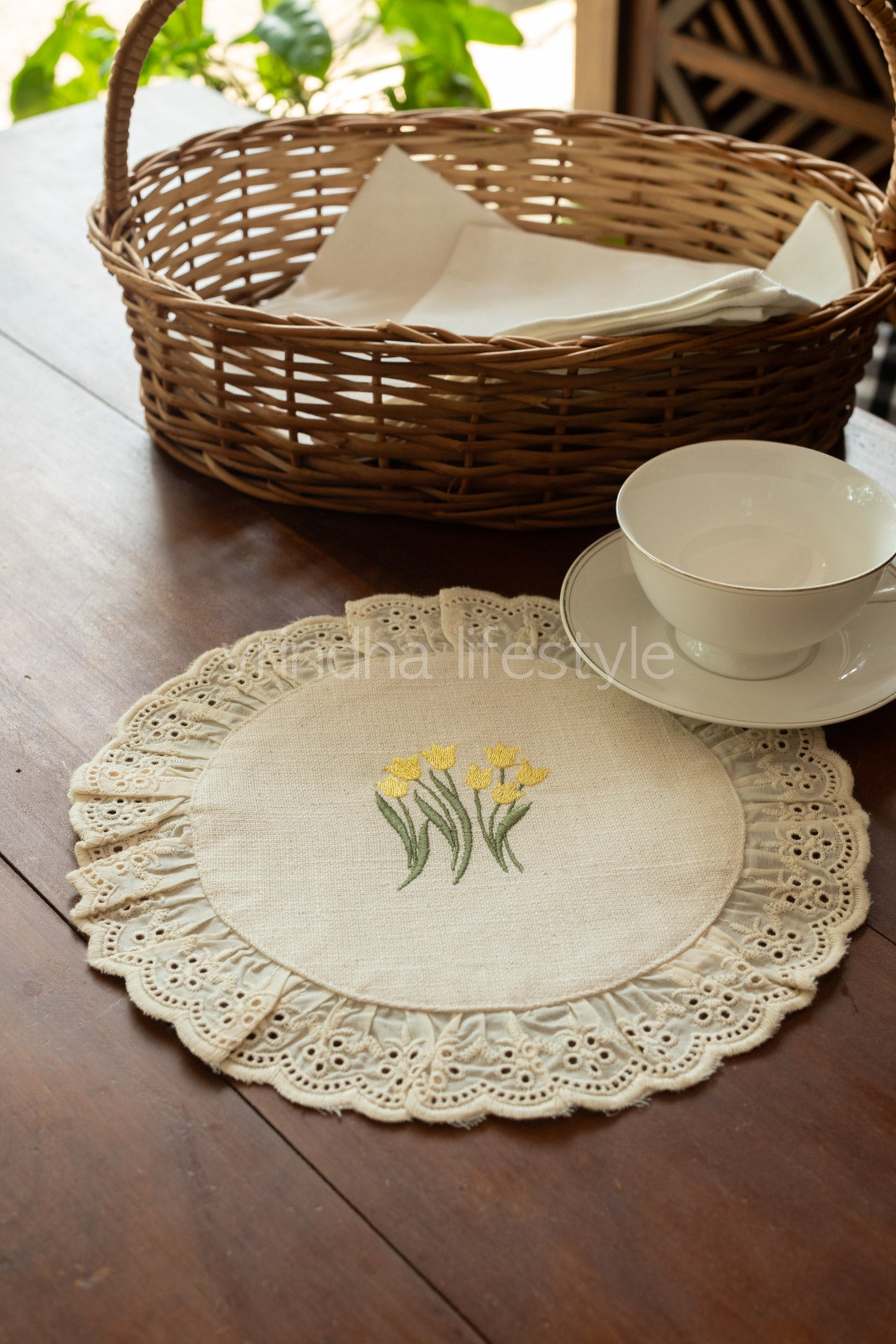 Round embroidered table mat with lace detailing ,10 inches-Single unit