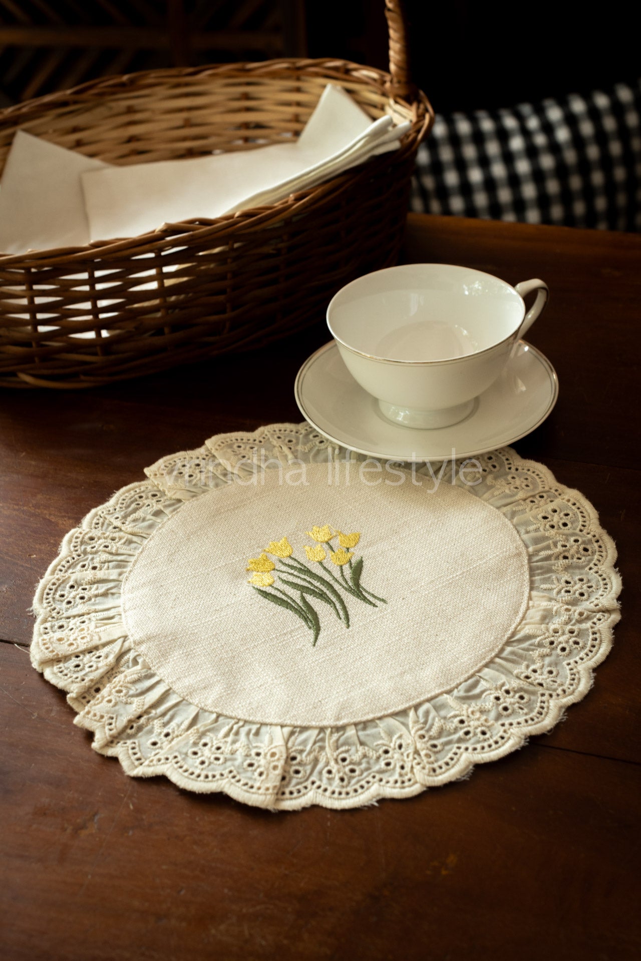 Round embroidered table mat with lace detailing ,10 inches-Single unit