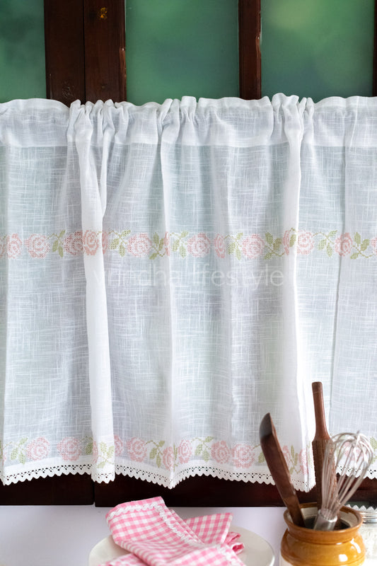 KITCHEN VALANCE-Cotton slub with cross stitch embroidery- customisable