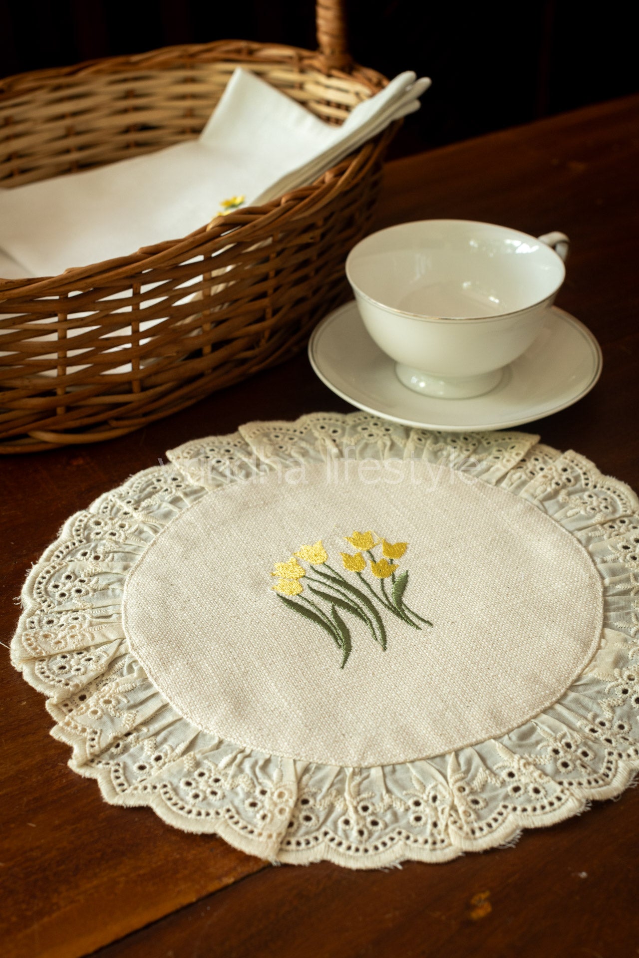 Round embroidered table mat with lace detailing ,10 inches-Single unit