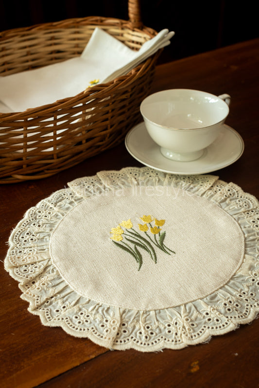 Round embroidered table mat with lace detailing ,10 inches-Single unit