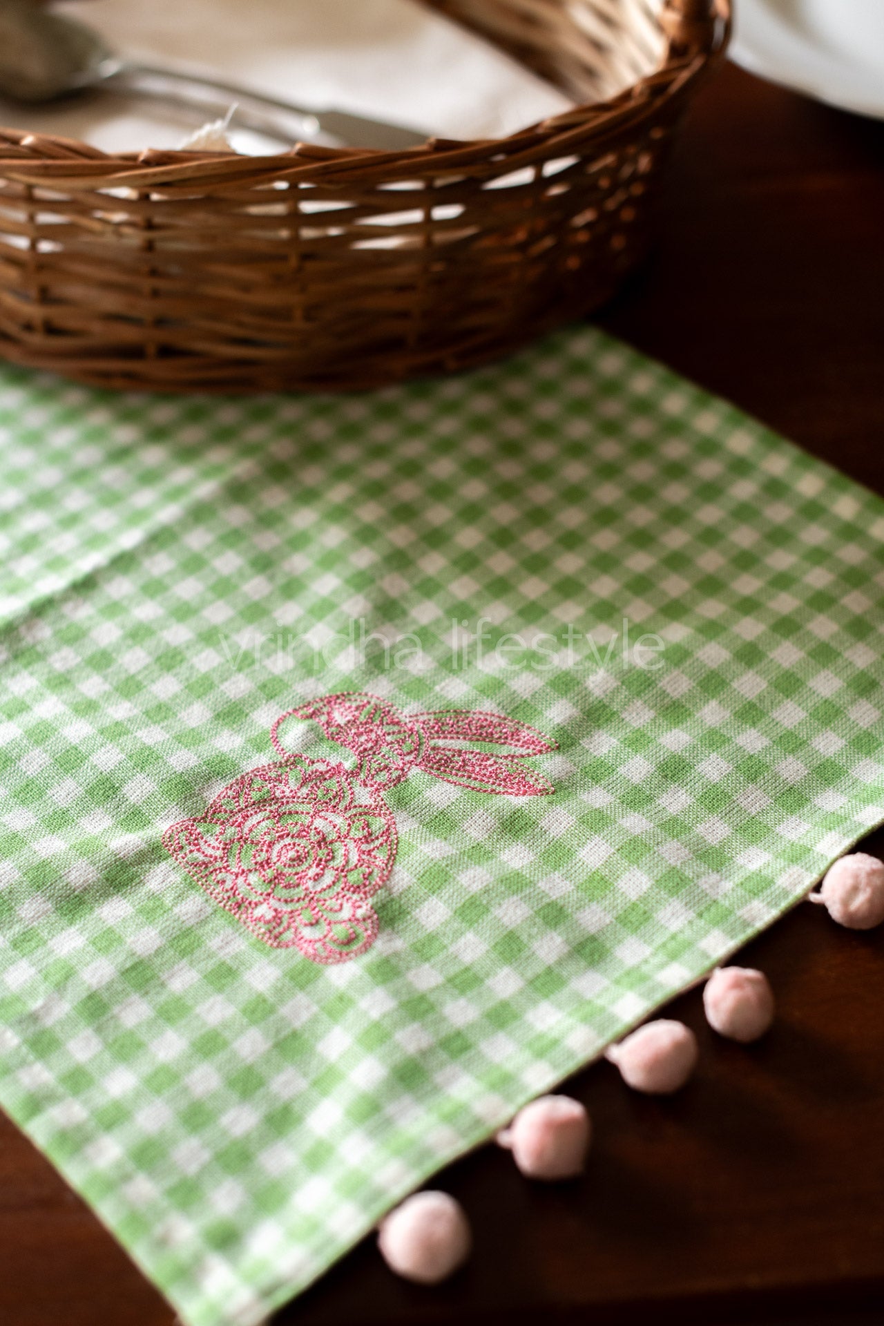 Cotton woven tray mat with embroidery and pom pom lace