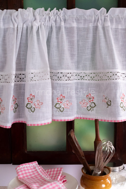 KITCHEN VALANCE-cotton slub with floral embroidery- customisable