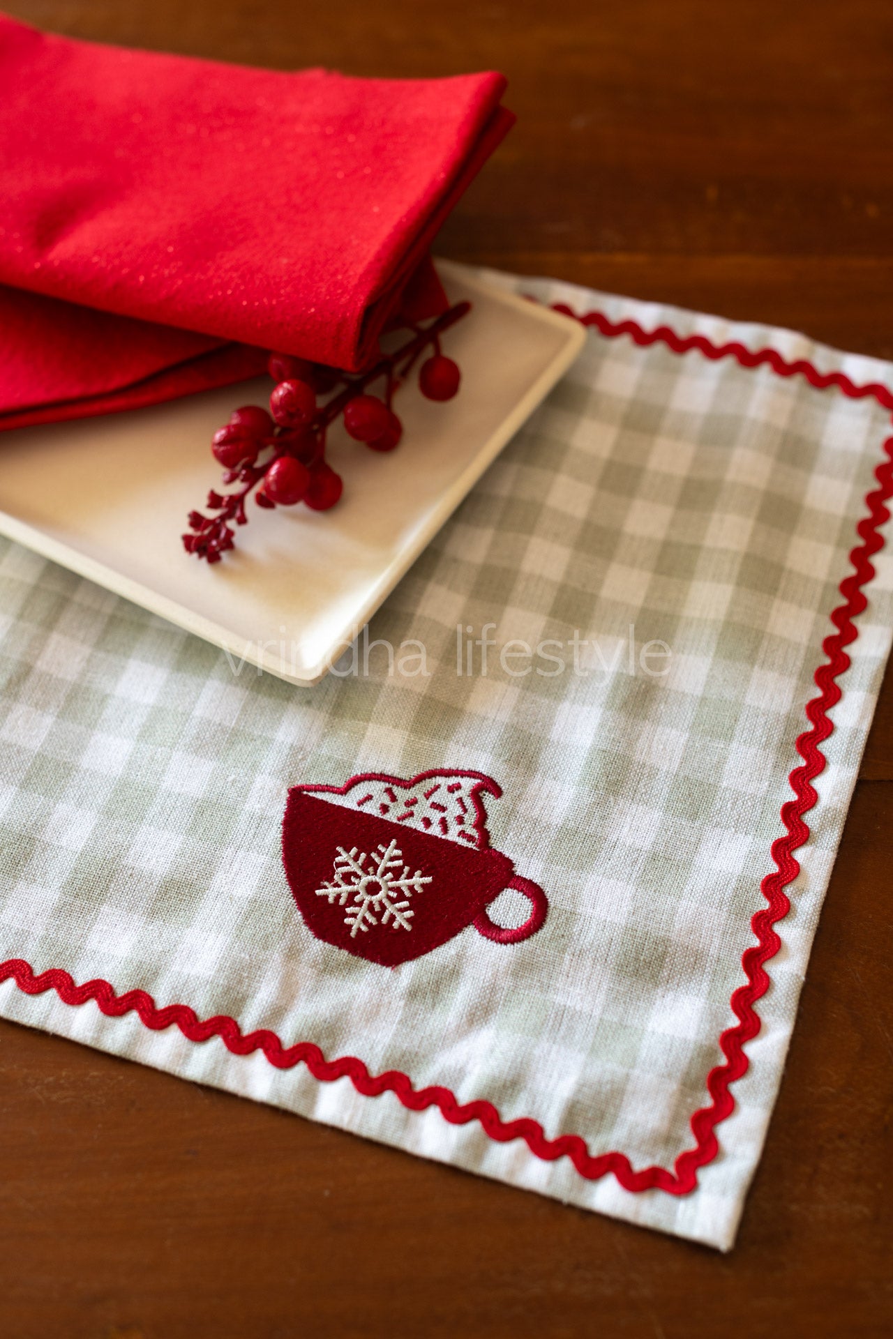 Cotton tray mat with embroidery and lace detailing- customisable