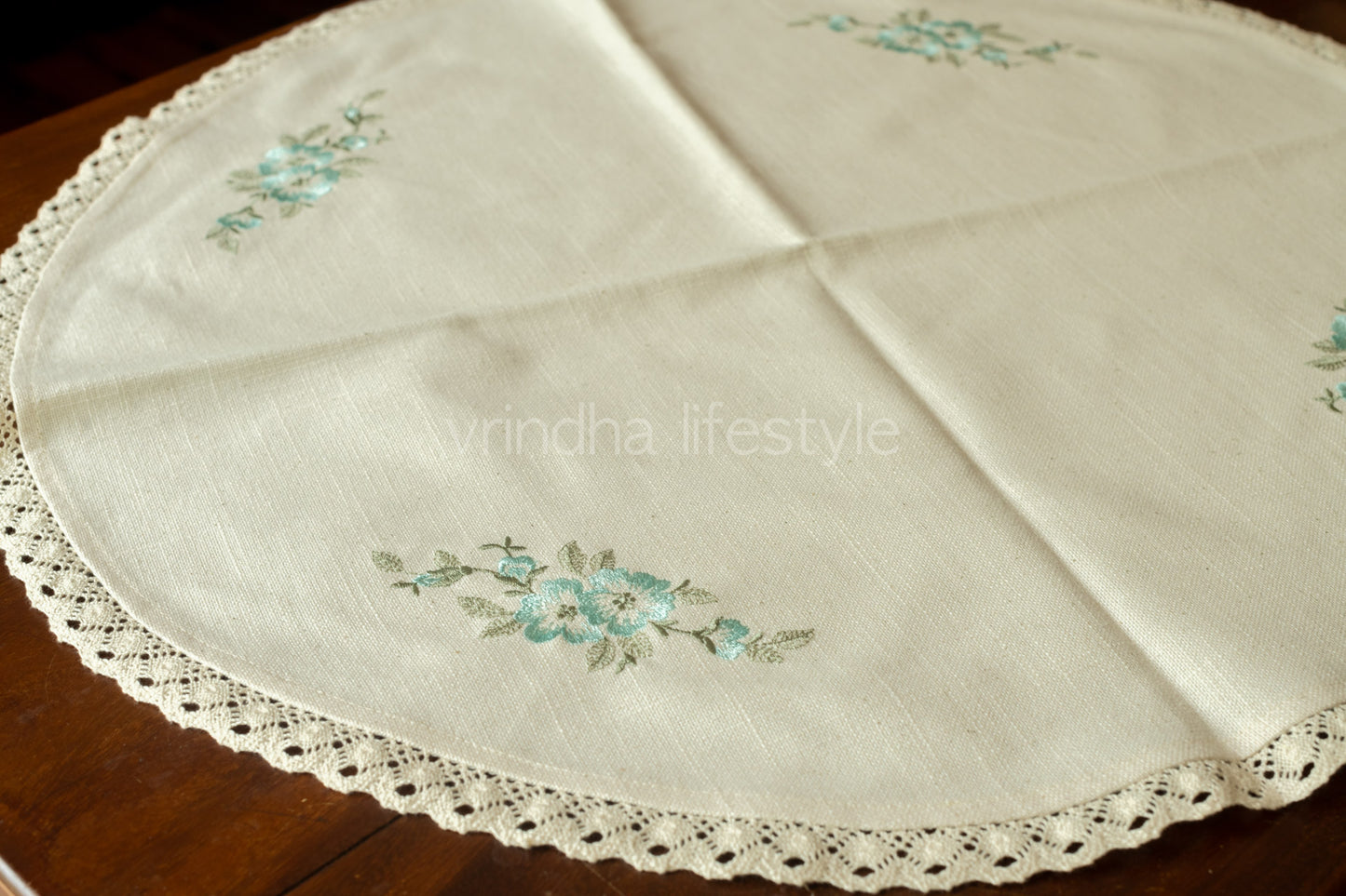 Round table mat with embroidery and lace detailing-24 inches-customisable
