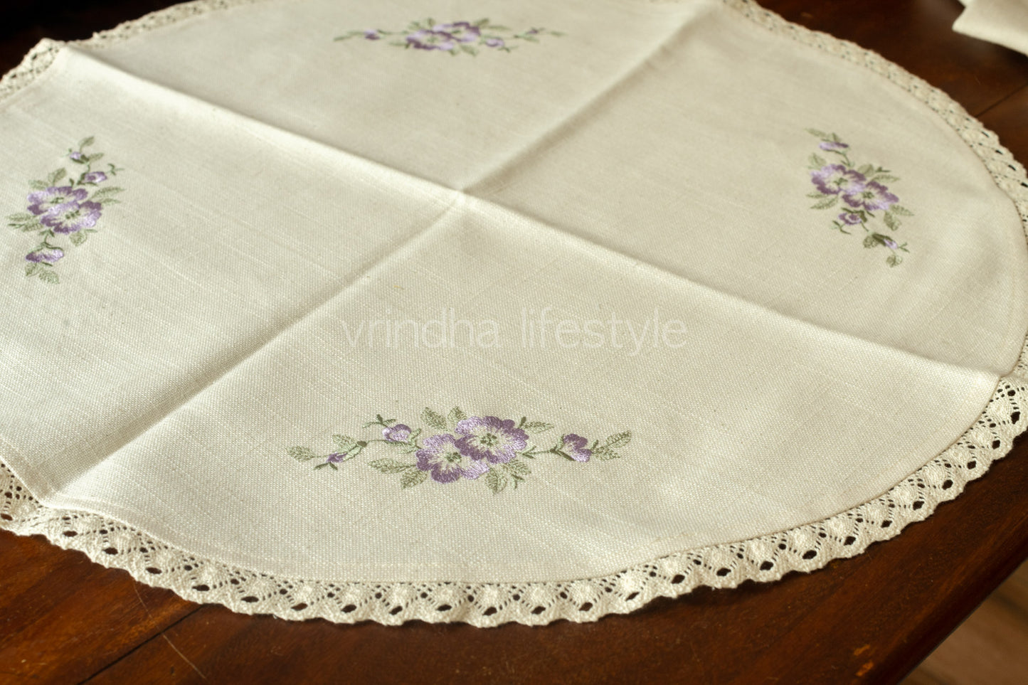 Round table mat with embroidery and lace detailing-24 inches-customisable