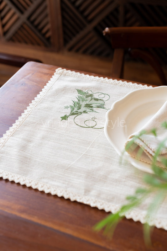 Cotton slub placemat with embroidery and lace detailing-Single unit  customisable