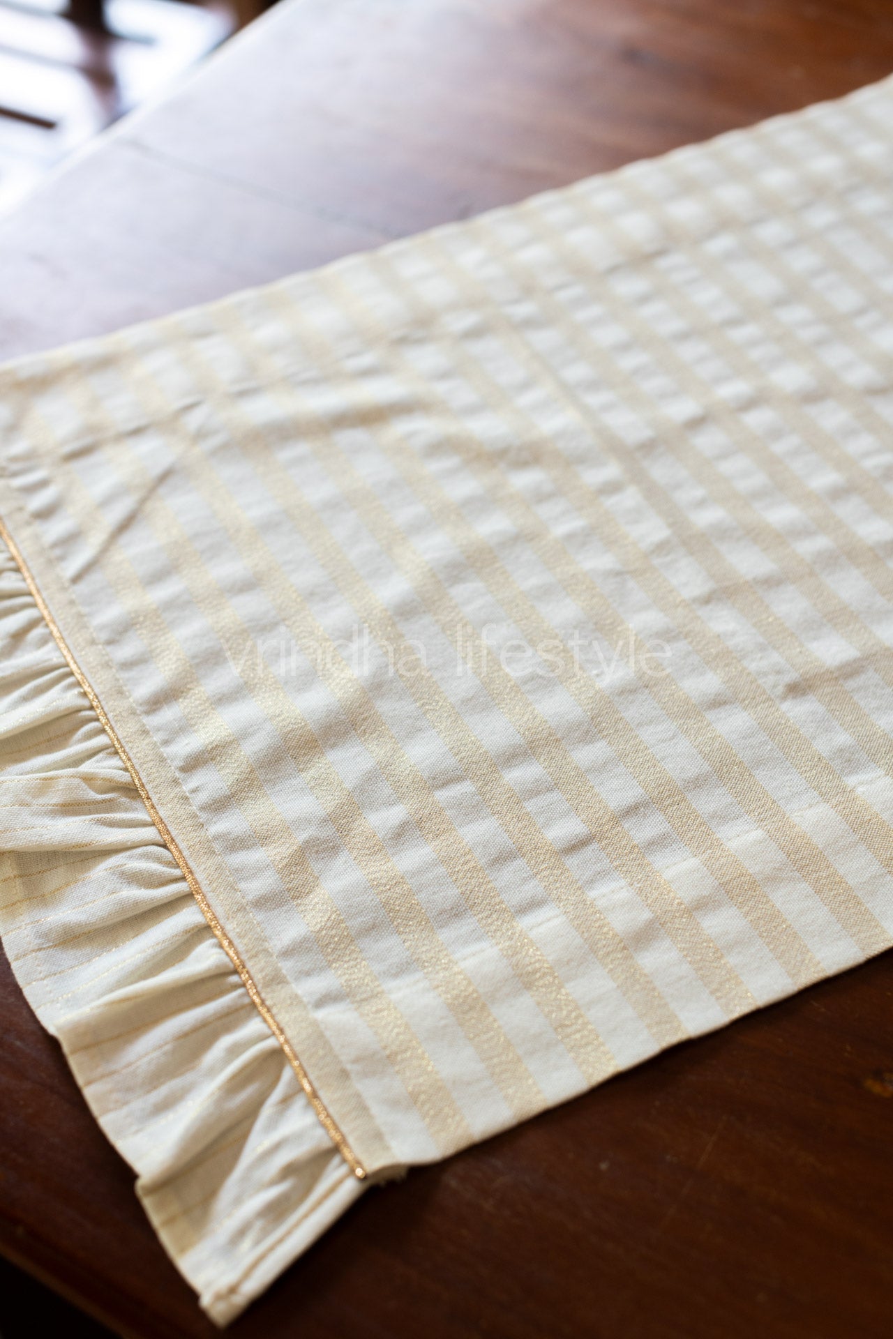 Cotton lurex table runner with frill and piping -14x36-coffee table runner-customisable