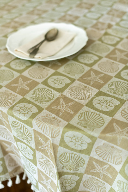 Cotton Jacquard table cloth with tassels-70 inch Round-4 to 6 seater