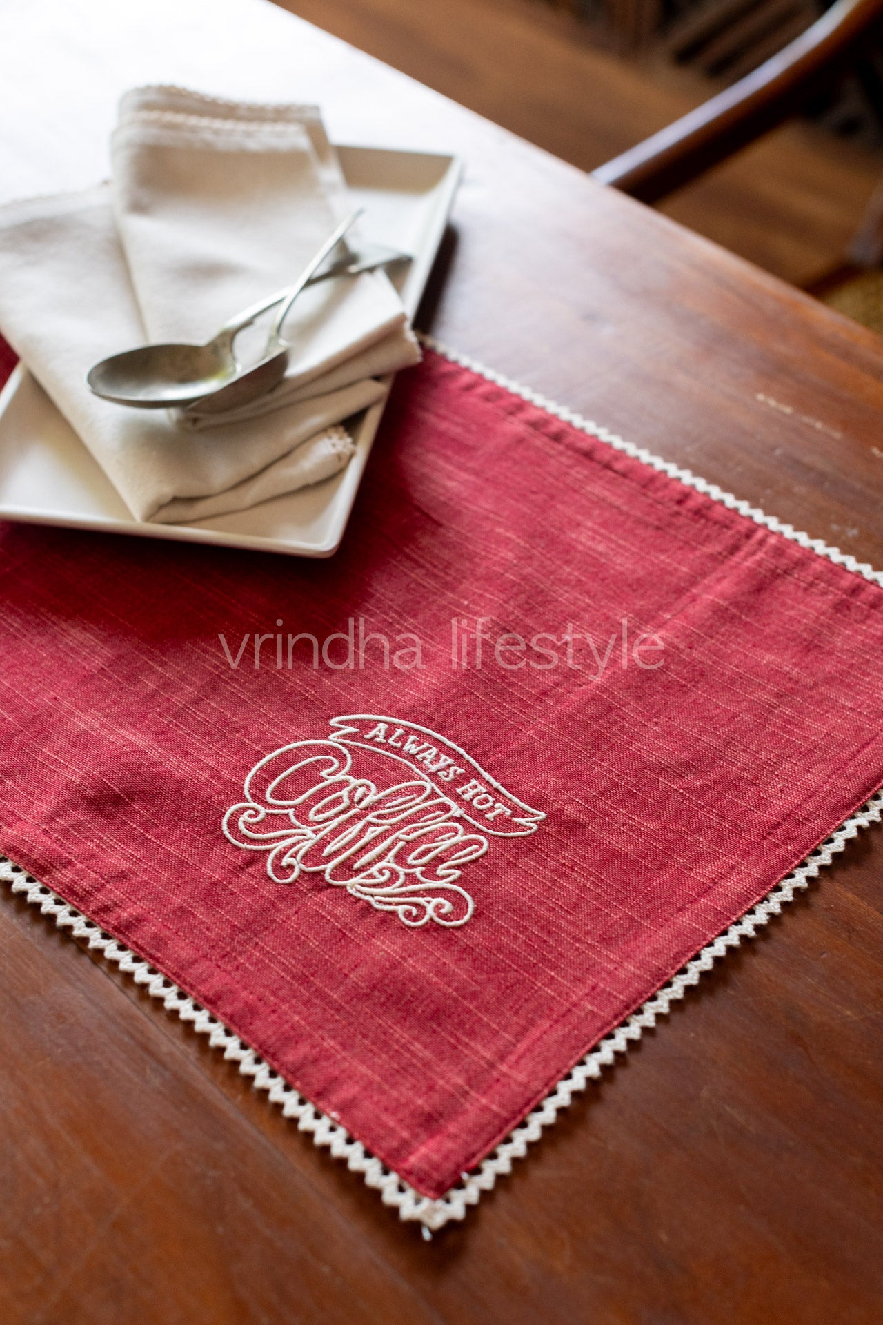 Cotton tray mat with embroidery and lace detailing- customisable