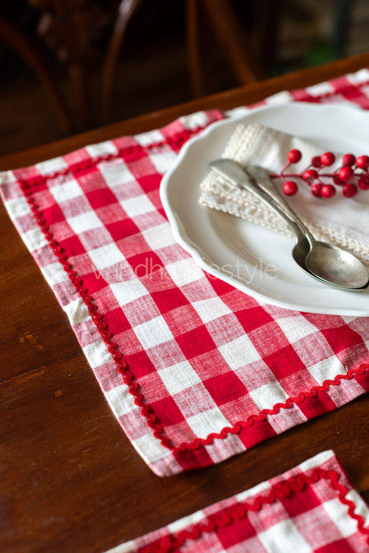 Cotton buffalo checks placemat with embroidery and lace detailing-Set of 6-customisable